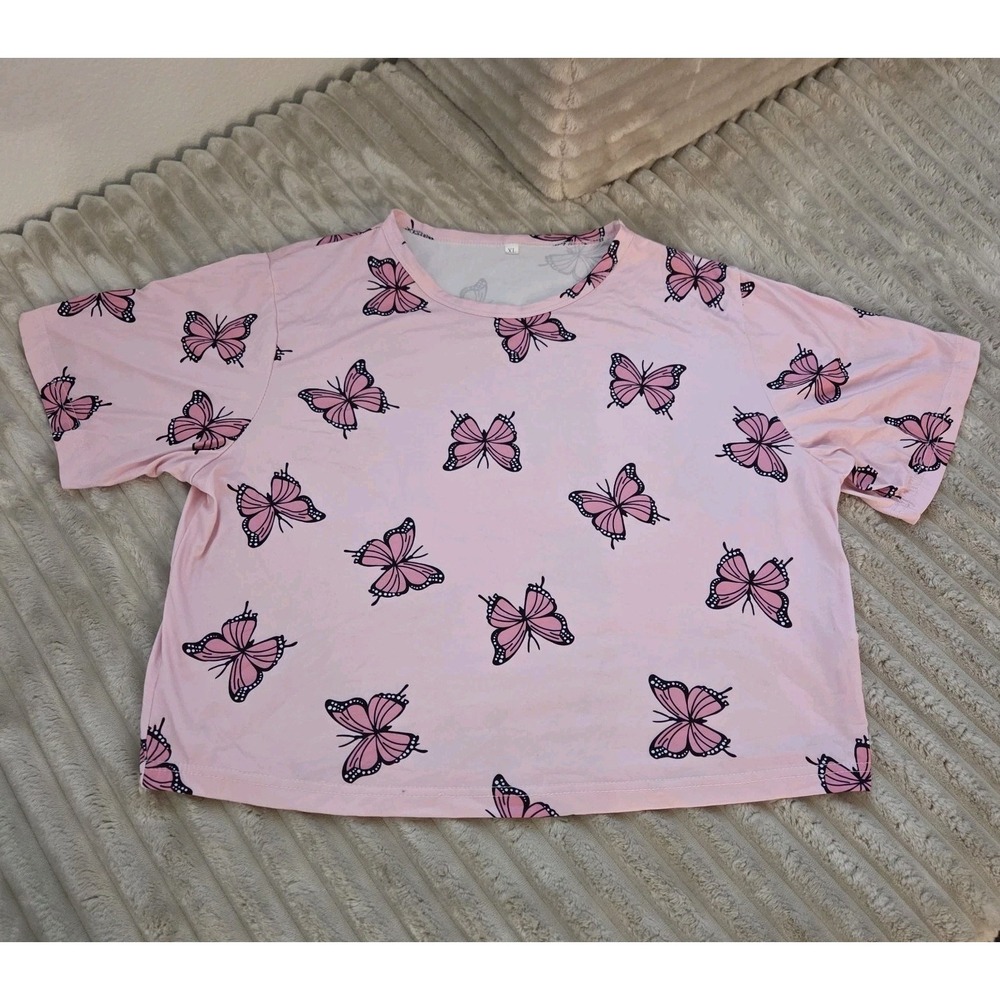 Pink Butterfly Print Juniors Girls Cropped T-Shirt XL Short Sleeve